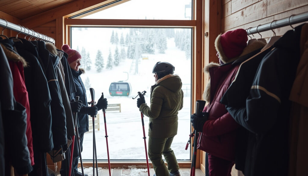Perhe valitsee laskettelutakkeja telineestä suksiladon ikkunan ääressä, josta näkyy lumiset rinteet ja tuolihissi.