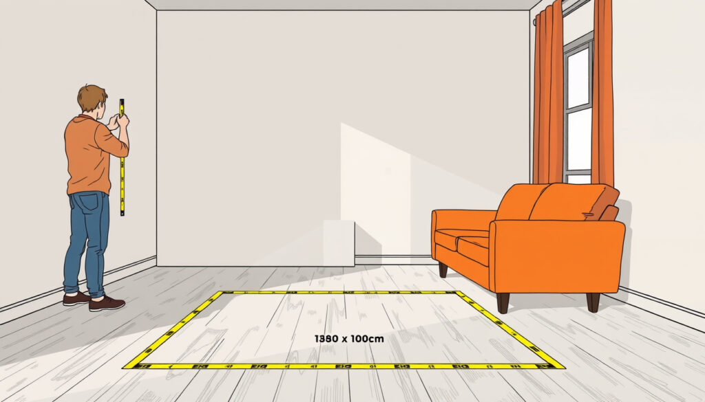 Pienessä olohuoneessa lattiaan teipattu 180 x 100 cm merkintä sohvan paikasta ja vieressä kaksipaikkainen kangasverhoillinen sohva, mittaapää kädessä mittaa seinää.