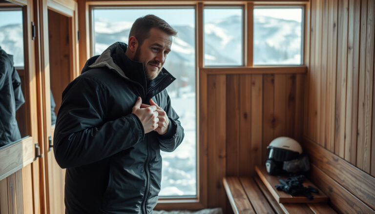 Mies pukee paksua talvi-eristettyä laskettelutakkia hiihtokeskuksen rinnetalossa, kypärä ja hanskat vieressä.