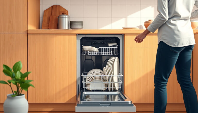 60 cm leveä integroitava astianpesukone kalusteoven takana keittiön työtason alla, henkilö lataa astioita alakoriin.