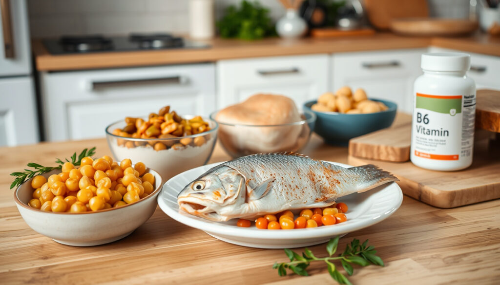 Keittiön pöydällä tuoreita ruokalähteitä, kuten kalaa, perunoita, palkokasveja ja täysjyväleipää, viereen asetettuna ravintolisäpurkki.