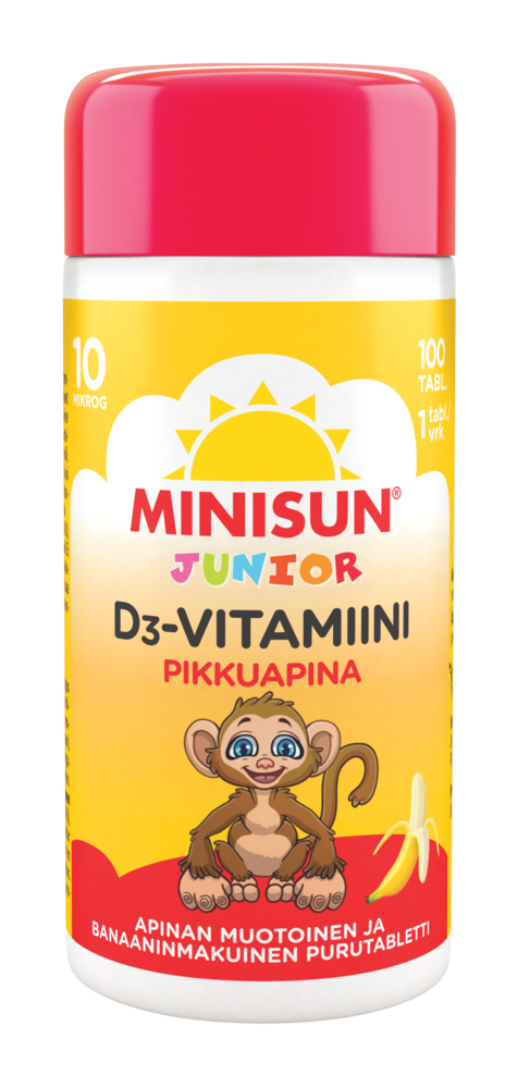 Minisun D-Vitamiini 10 mikrog Junior Apina 100 purutabl banaani